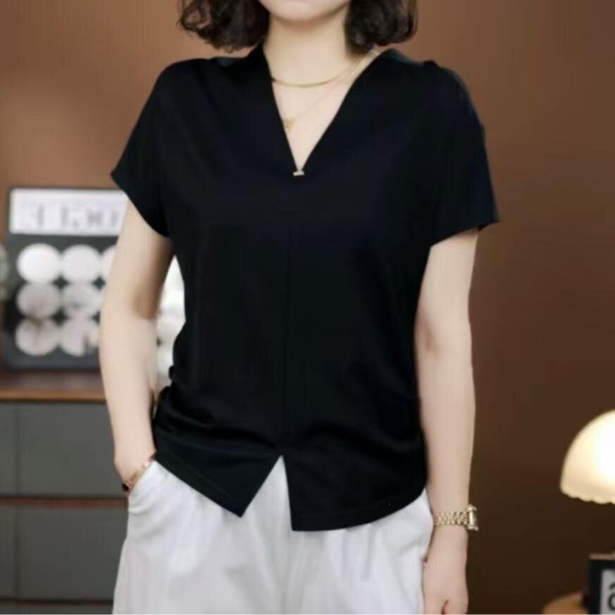 2026夏季新款掐褶收腰V领短袖棉