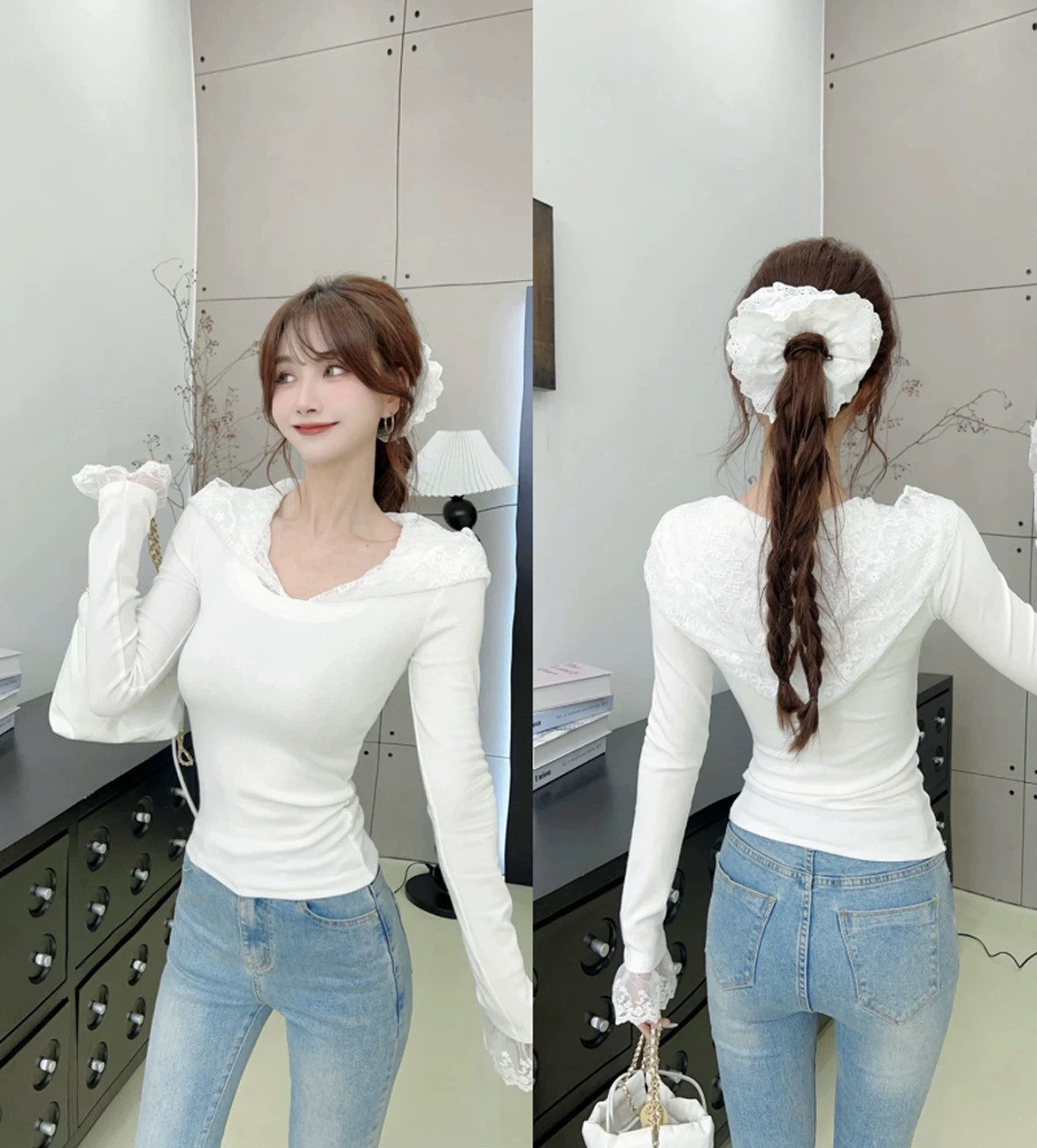 卡卡女装官方正品减龄蕾丝拼接连帽卫衣显瘦修身百搭长袖上衣打底