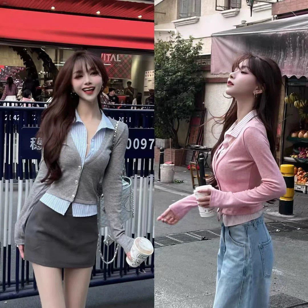 卡卡正品假两件气质衬衫拼接上衣