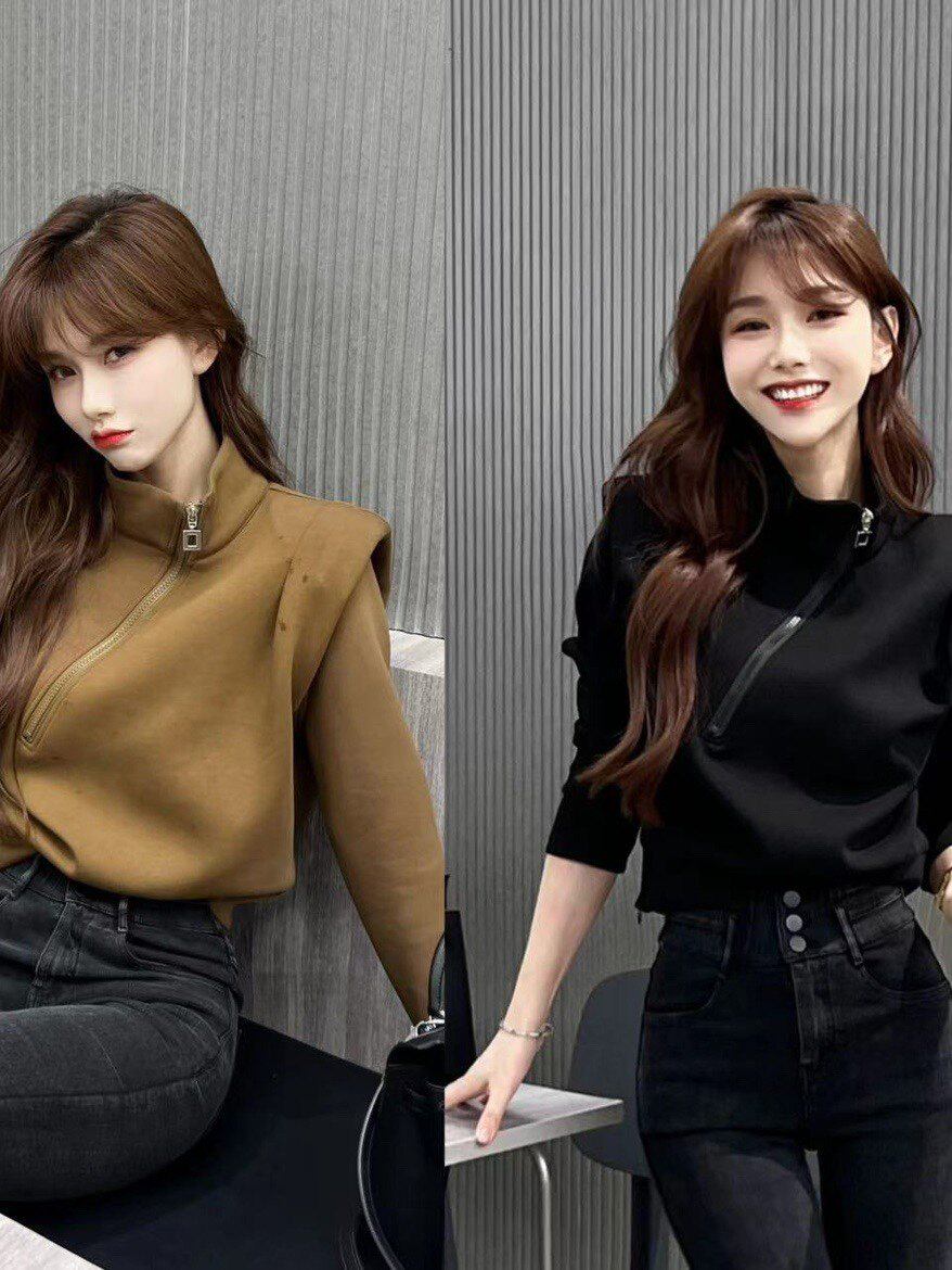 卡卡女装官方旗舰正品美式街头设计感斜拉链立领太空棉卫衣上衣潮