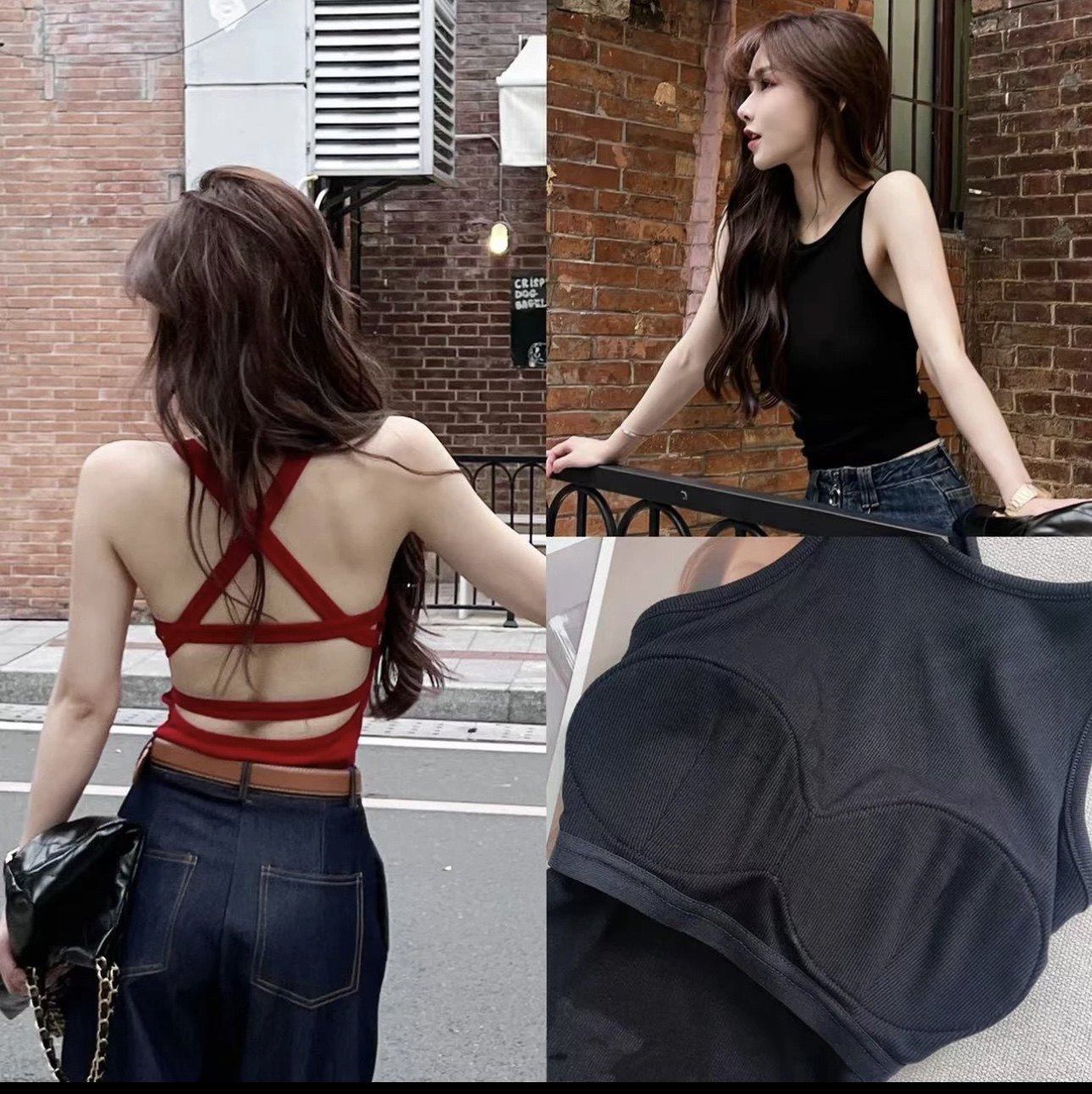 卡卡女装官方旗舰正品［欧美辣妹］自带杯垫吊带背影杀二合一背心