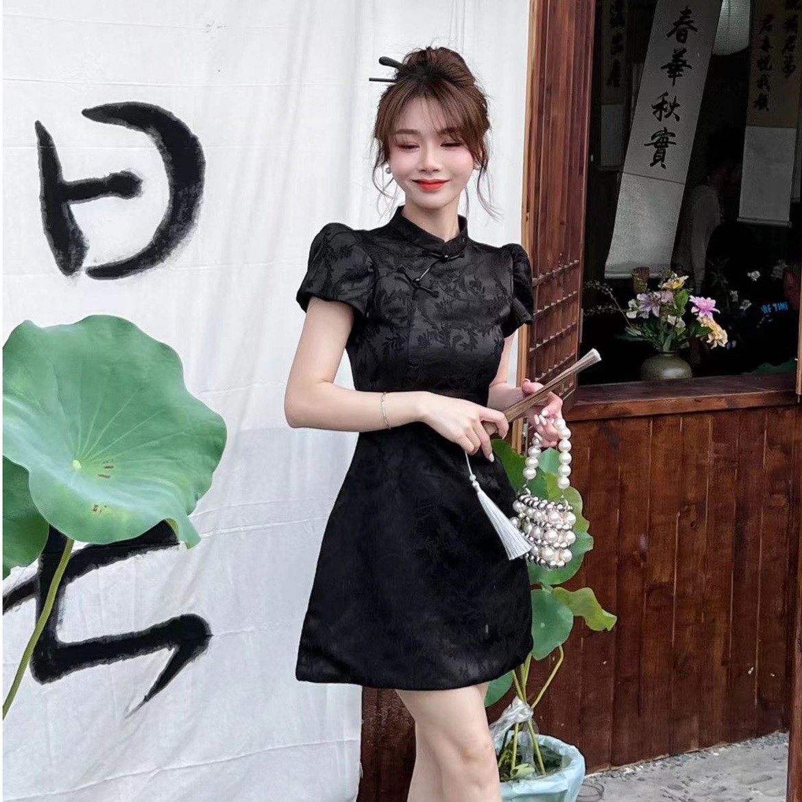 卡卡正品書香墨色繡線暗紋旗袍裙