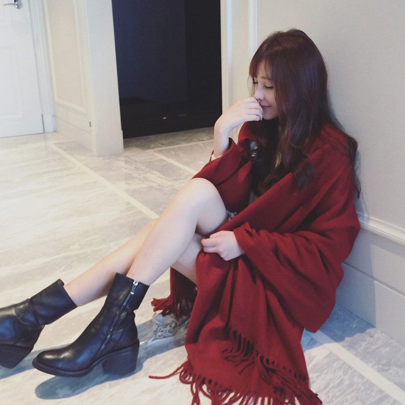 围巾女冬季韩版百搭女士春秋披肩两用红学生长款纯色围脖保暖加厚