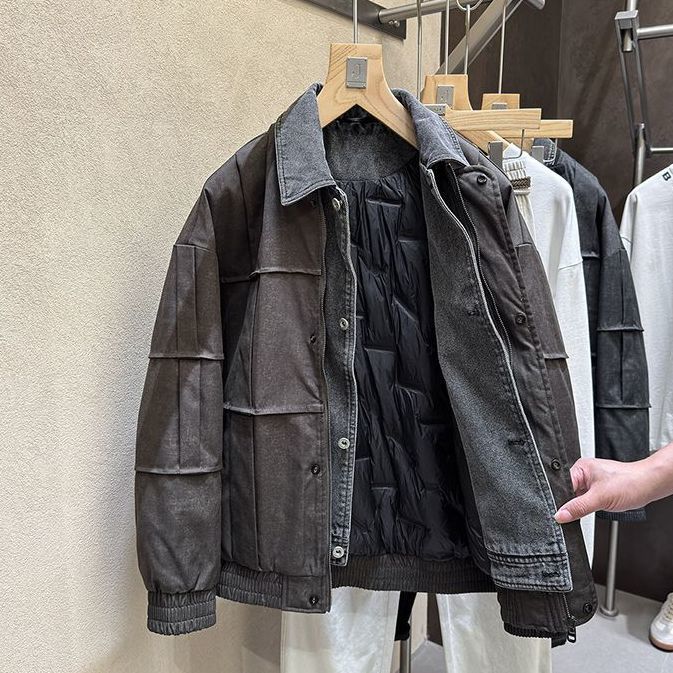牛仔拼接假两件设计外套男士内里白鸭绒男士羽绒服男款外套个性潮