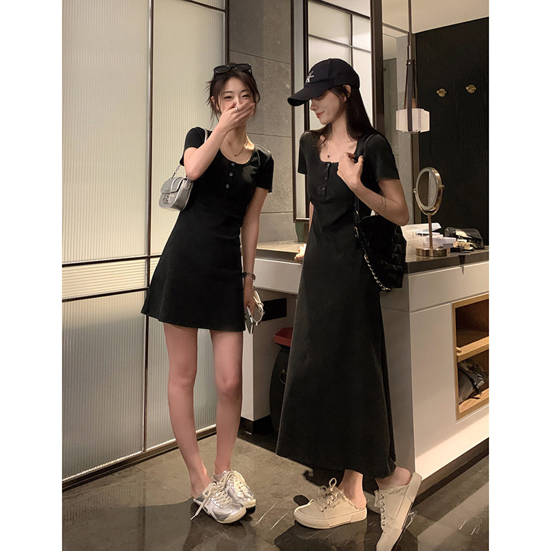 雪花水洗小黑裙中长款a字连衣裙夏女气质修身收腰显瘦裙子女好看