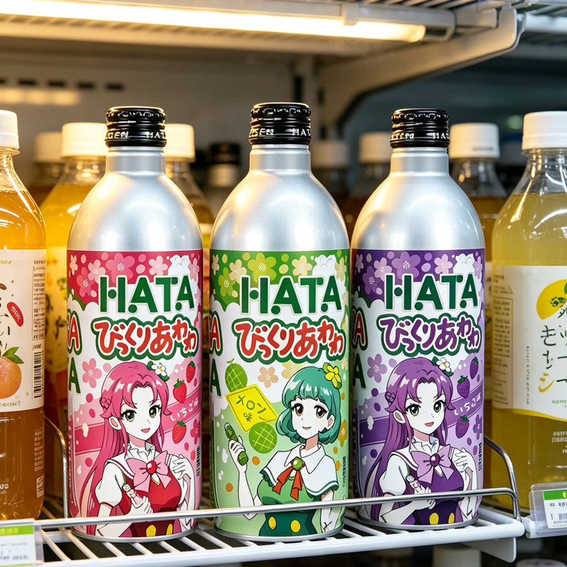 日本进口HATA波子汽水果味碳酸饮料卡通版铝瓶装蓝莓草莓味哈密瓜