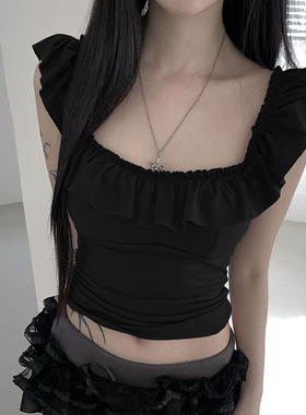 BRANDYMANDY BM风纯欲风荷叶边小飞袖上衣纯欲辣妹显瘦方领背心