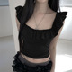 BRANDYMANDY BM风纯欲风荷叶边小飞袖 上衣纯欲辣妹显瘦方领背心