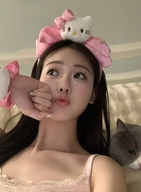 可爱少女心小猫蝴蝶结洗脸发箍秋冬毛绒卡通猫咪洗漱头箍甜美头饰