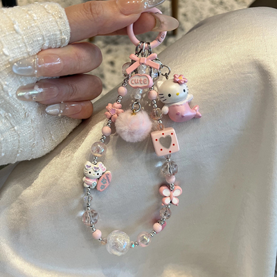 可爱卡通kitty猫串珠手机链少女粉色手机挂件钥匙扣链ccd挂链配饰