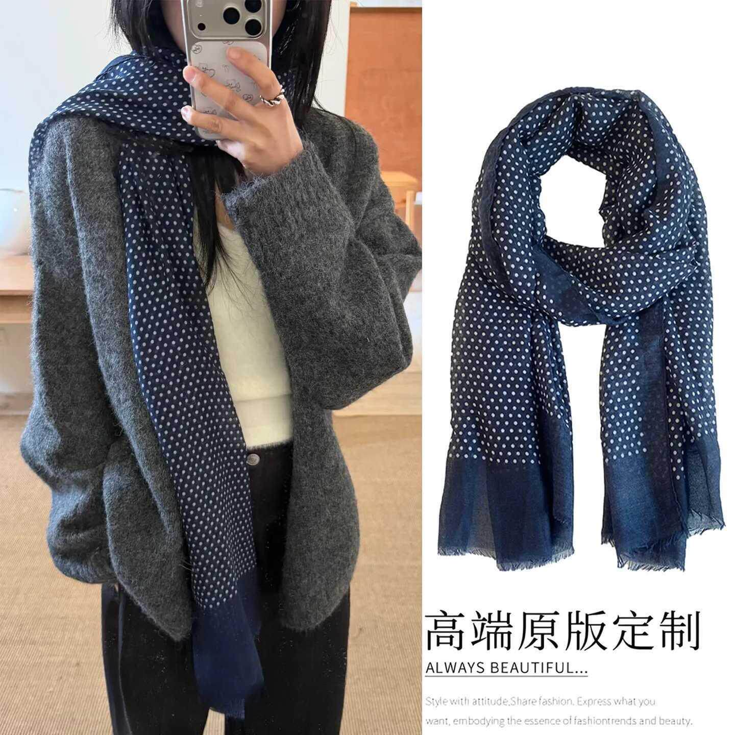复古深蓝色韩系波点围巾秋冬女百搭保暖棉麻围脖时尚气质新款丝巾