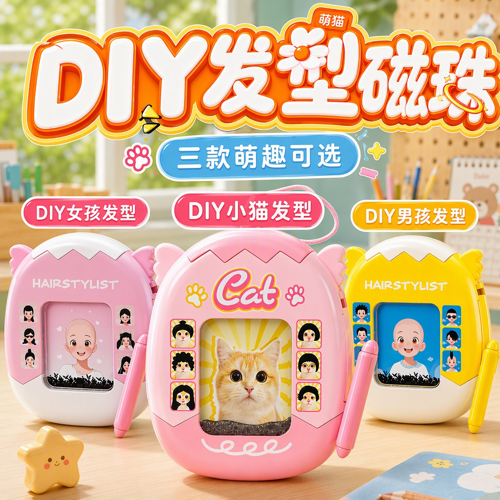 DIY猫咪发型磁吸钢珠画板可擦写图片