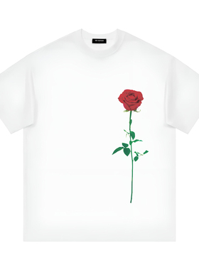 2026SS美式复古宽松手绘玫瑰花艺术插画印花设计oversize短袖t恤