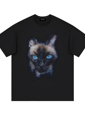 orisafour美式复古重磅短袖纯棉T恤 暹罗猫印花 宽松大码情侣百搭