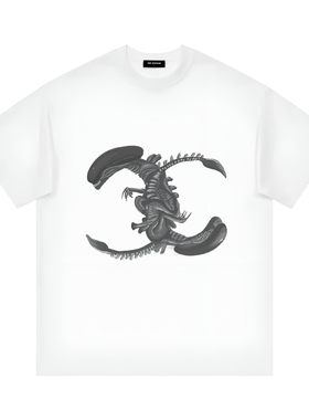 2026SS恶搞潮牌异形双C手绘涂鸦印花宽松重磅纯棉短袖t恤上衣