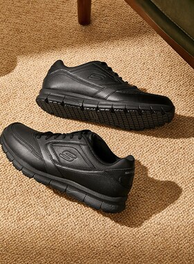 Skechers斯凯奇男鞋春夏季轻便舒适休闲鞋软底黑色商务皮鞋77156