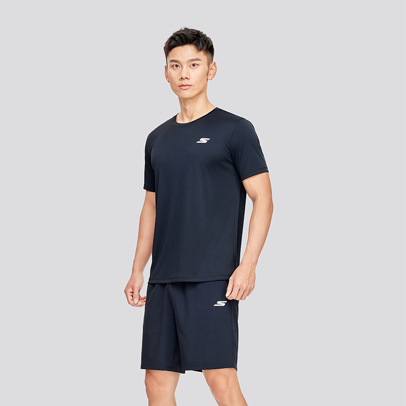Skechers斯凯奇黑色T恤男款短袖短裤速干运动套装吸湿圆领上衣