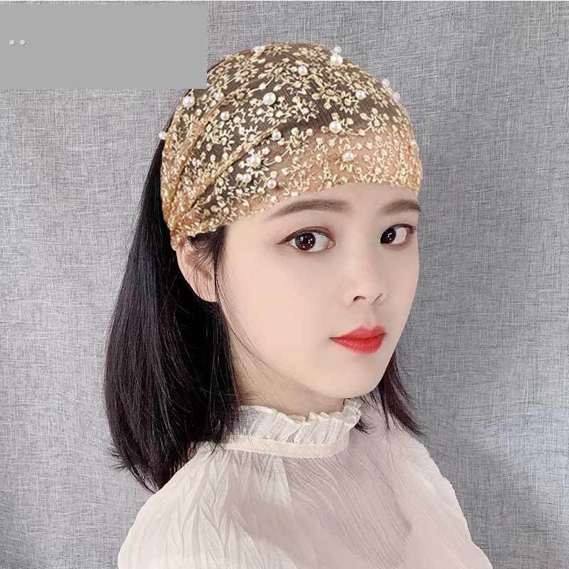 蕾丝珍珠头套发带遮白发的帽子薄款遮白头发头饰遮盖神器夏季头巾