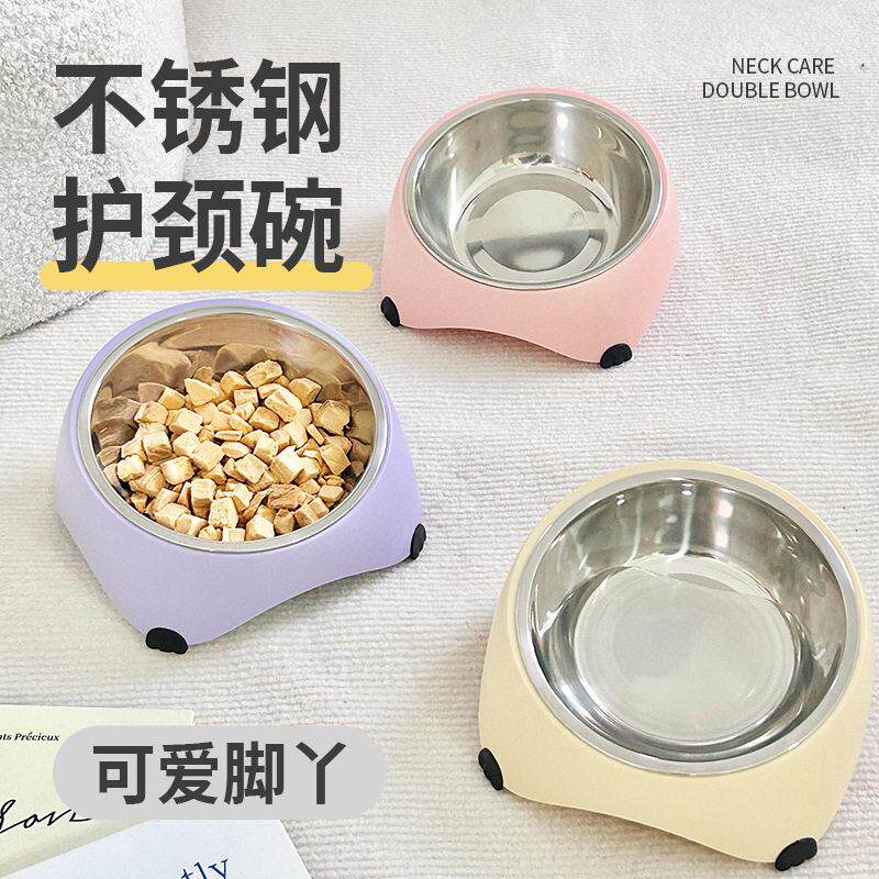 可爱猫碗宠物喝水吃食盆保护颈椎防打翻单碗不锈钢防黑下巴喂食碗