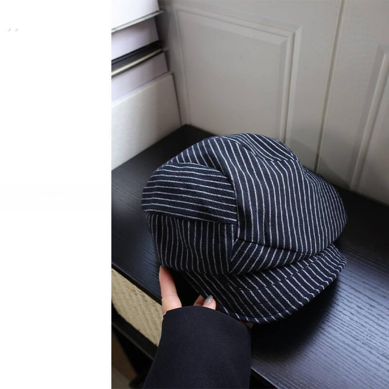 日系条纹棉麻拼接贝雷帽女春夏季新款个性显脸小文艺透气报童帽子