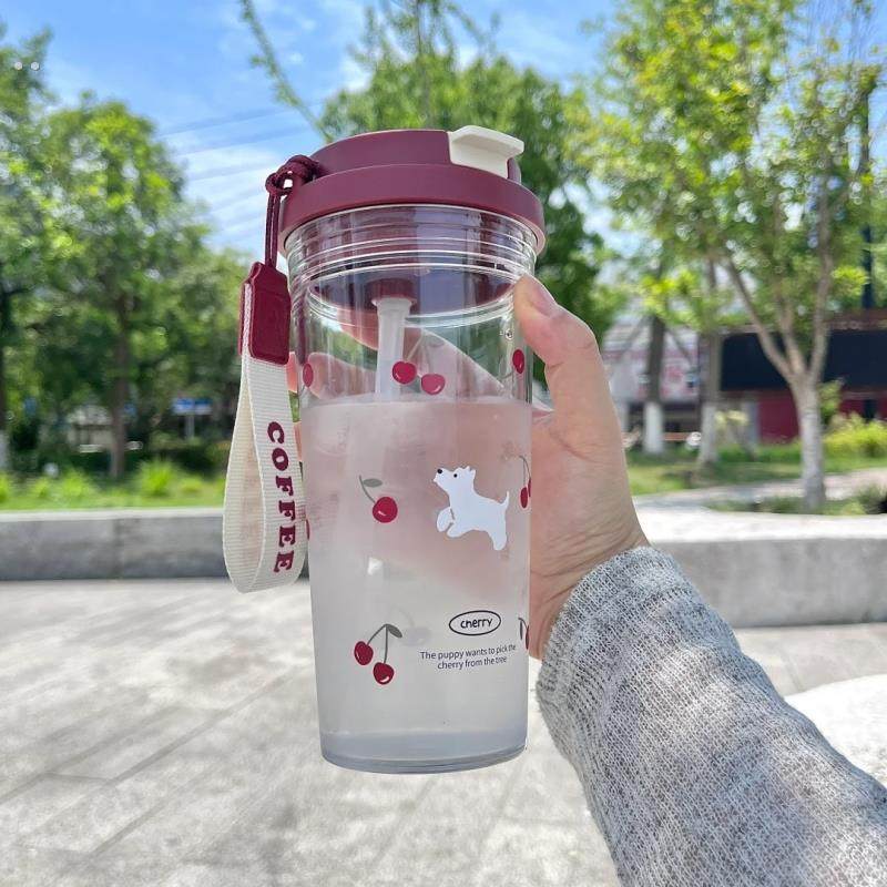 吸管杯女生高颜值塑料水杯大容量咖啡杯学生夏天便携带提绳随手杯