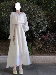 长袖连衣裙女夏季新款波西米亚气质白月光仙女裙裙肌理感淑女长裙
