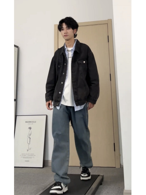 大雄小个子穿搭复古直筒牛仔裤男宽松抽绳松紧腰长裤【视频同款】