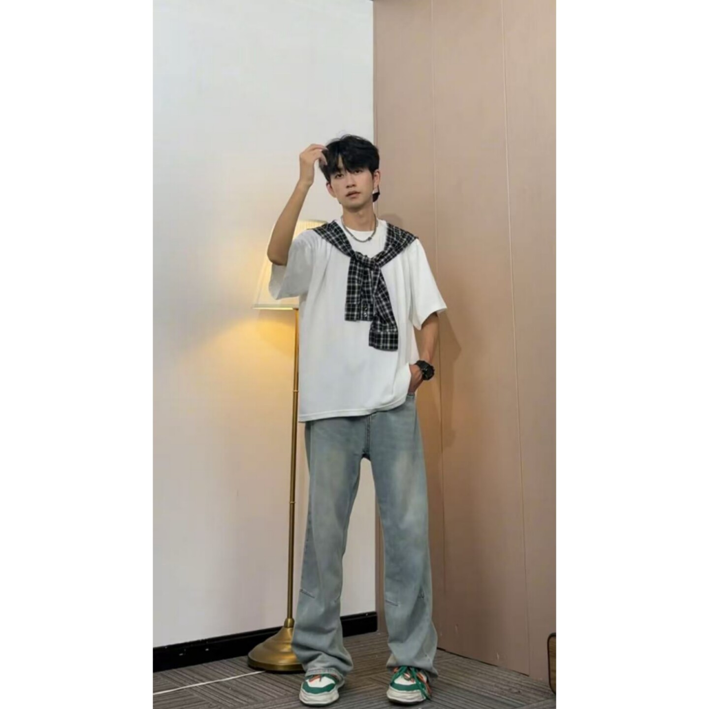 假两件格子披肩男款短袖T恤