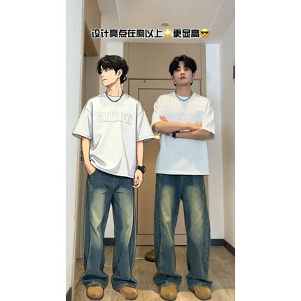 大雄小个子美式复古字母印花短袖T恤男夏季宽松百搭潮牌上衣