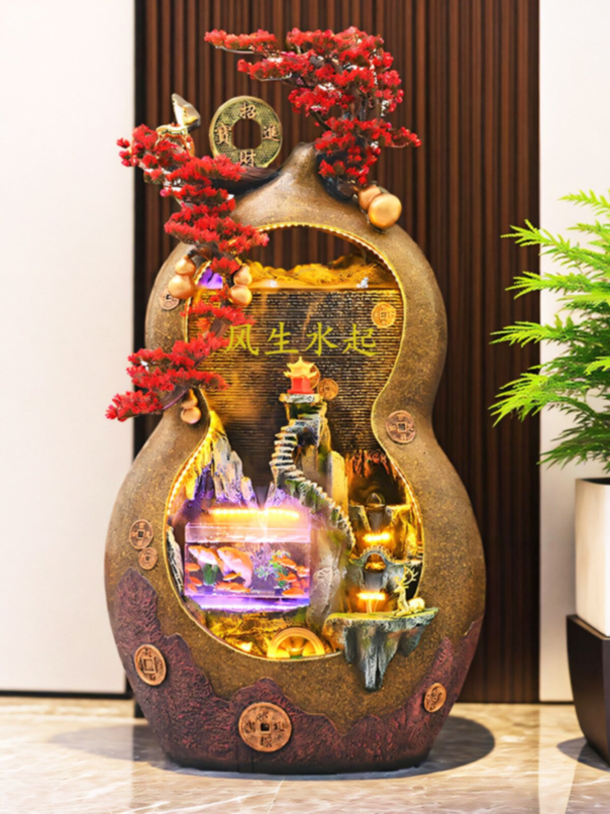 中式招财流水摆件摆件循环水鱼缸客厅落地葫芦风水轮乔迁开业礼物