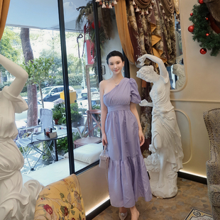 孙智惠zs「沧海遗珠」浪漫温柔性感优雅单肩设计感长款连衣裙