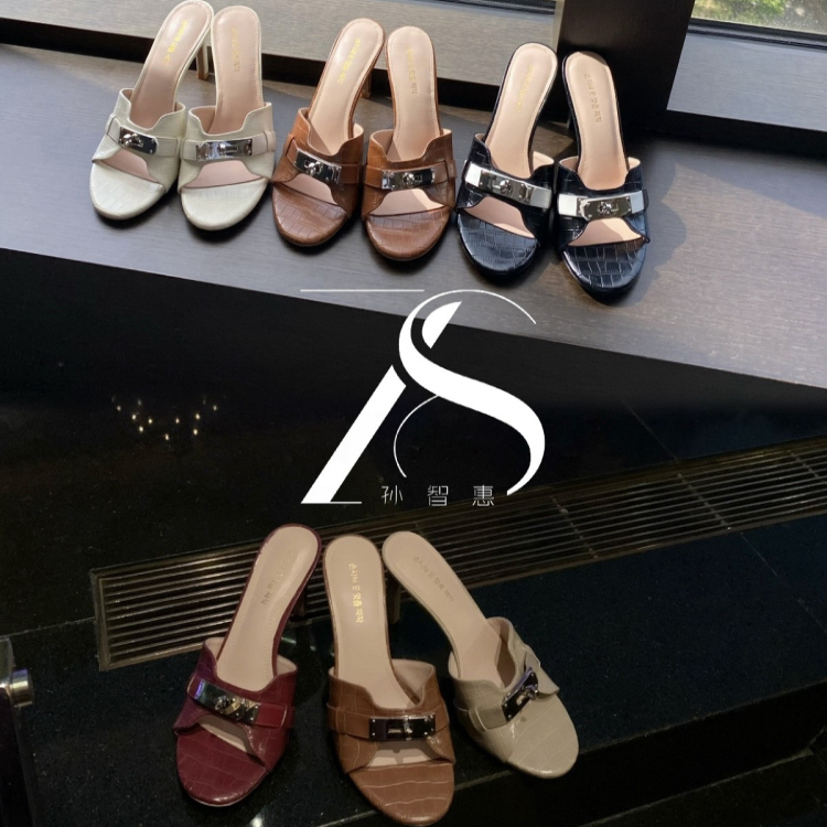 孙智惠鳄鱼皮小圆头凉鞋高跟鞋
