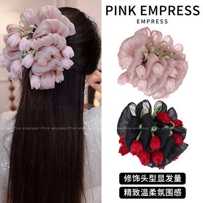 郁金香花朵抓夹女高级感超仙发夹后脑勺鲨鱼夹大号发量多盘发头饰