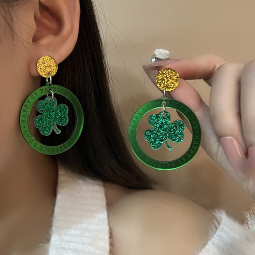 跨境派对节日耳环配饰三叶花高级配色圆环夸张个性绿帽子节耳饰
