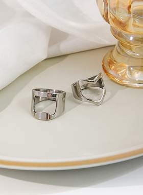 设计感镂空爱心戒指 简约素圈不规则几何食指指环冷淡风戒指