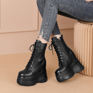 超高跟14cm内增高马丁靴女松糕厚底靴坡跟真皮小个子显瘦系带短靴