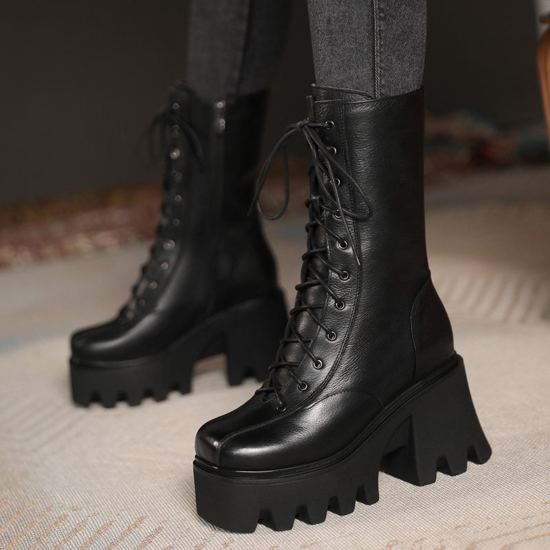 黑色真皮10cm超高跟马丁靴女英伦中筒靴厚底小个子粗跟增高短靴子