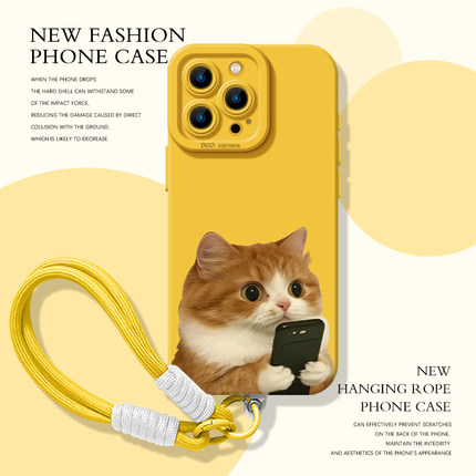 玩手机猫咪手机壳适用苹果17promax带挂绳iphone16pro小猫15plus可爱14高级感13mini女12新款11套x/8/xr/xs/7