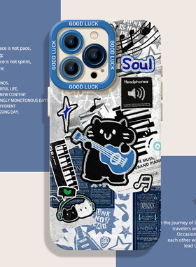 摇滚猫咪手机壳适用oppofindx9挂绳reno15涂鸦x8s新款14pro小众13高级感12情侣11复古10小猫9艺术7/6/5十+4se