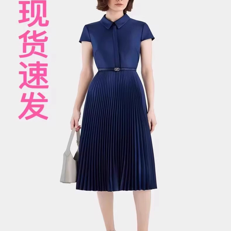 现货宝家高级衬衫领拼接百褶收腰连衣裙2025春夏新款