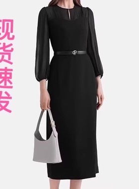 现货宝家商场同款2025春夏新款优雅透视袖黑色醋纤混纺收腰连衣裙
