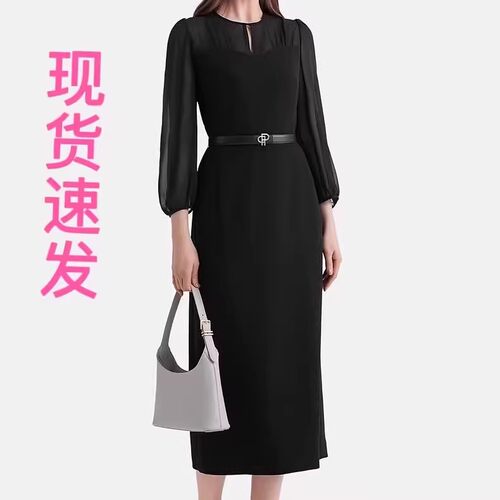 现货宝家商场同款2025春夏新款优雅透视袖黑色醋纤混纺收腰连衣裙