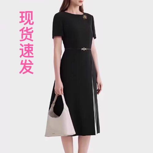 现货宝家女装2025春夏新款简约时尚拼接撞色短袖收腰连衣裙