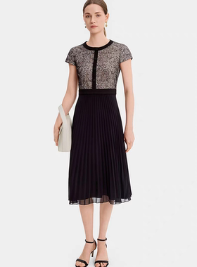 宝家女装2026春季新款优雅通勤蕾丝刺绣拼接百褶连衣裙