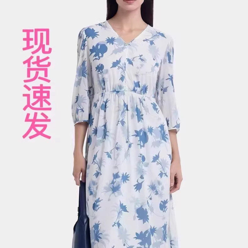现货宝家女装2024早秋新款雪峰花谷印花桑蚕丝真丝连衣裙