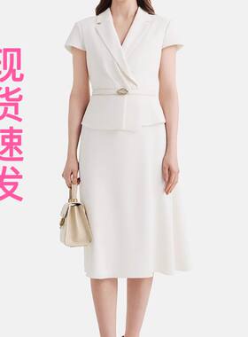 现货宝家女装2025夏季新款清新职场修身奶白色叠片二合一连衣裙