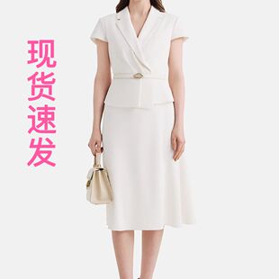 现货宝家女装2025夏季新款清新职场修身奶白色叠片二合一连衣裙