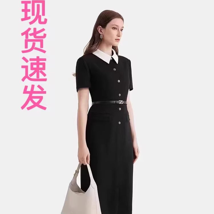 现货宝家时尚商场同款2025春夏新款醋酸混纺撞色衬衫领修身连衣裙