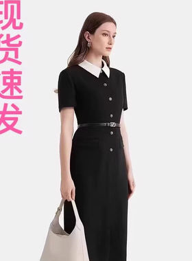现货宝家时尚商场同款2025春夏新款醋酸混纺撞色衬衫领修身连衣裙
