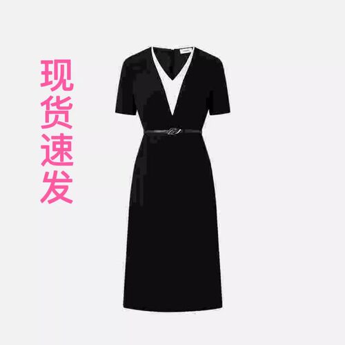 现货宝家女装2025夏季季新款简约气质V领黑白撞色小黑连衣裙